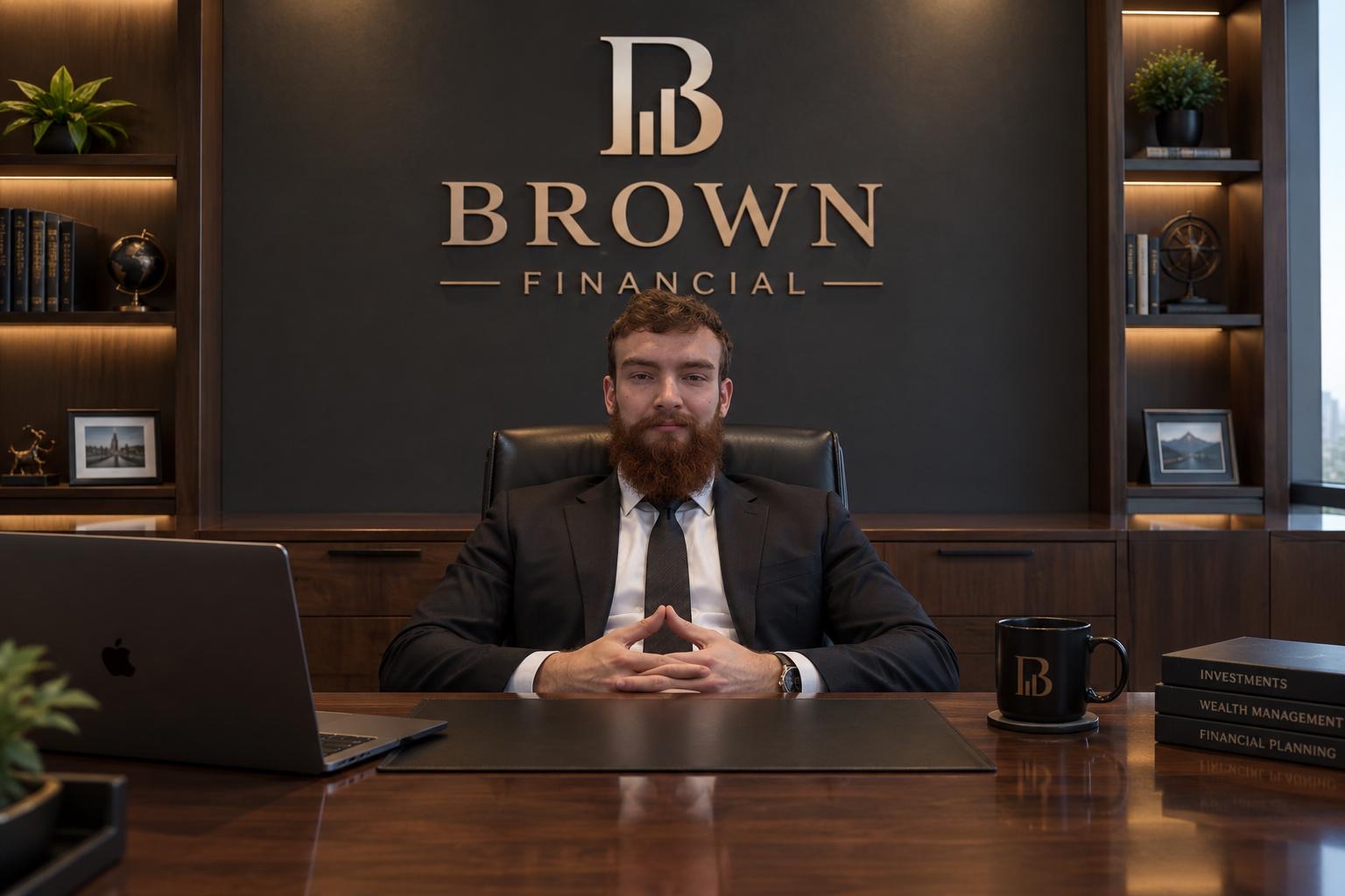 Benny Brown, Chief Lending Officer, seated at his desk in front of the Brown Financial sign